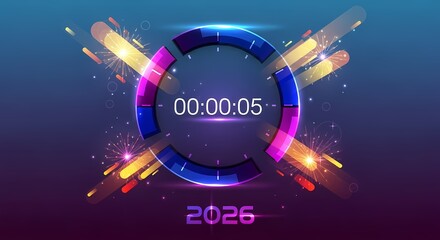 Futuristic digital countdown clock celebrating the arrival of the year 2026 with neon lights and fireworks.