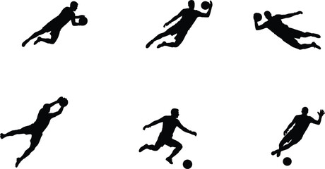 Soccer player silhouettes, football action poses, goalkeeper diving, dribbling ball, athletic movement, sports training, team game, fitness exercise, outdoor activity, competition