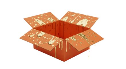 Open orange box has liquid golden streaks and drops on it in the dark. - high quality Open orange box has liquid golden streaks and drops on it in the