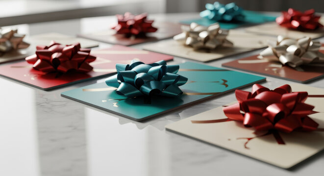 Assorted greeting cards with metallic gift bows arranged on marble table, festive holiday celebration and gift giving concept