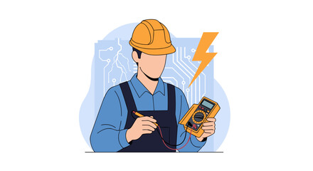 Illustration of an electrician with a multimeter and hard hat