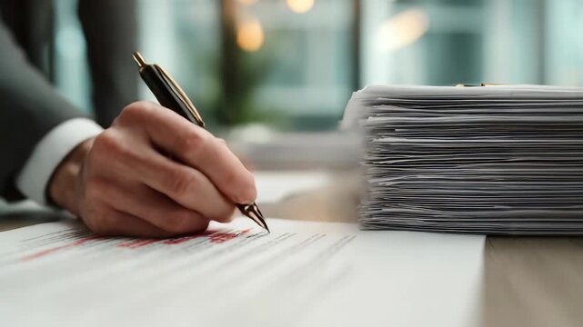 Close up person editing, highlighting important text on printed document with pen, next to large stack paperwork. Scene takes place in modern office environment with natural light