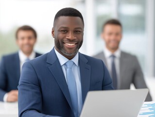 African American businessman in a blue suit smiles confidently while working on a laptop at a modern office, with colleagues engaged in discussion in the background