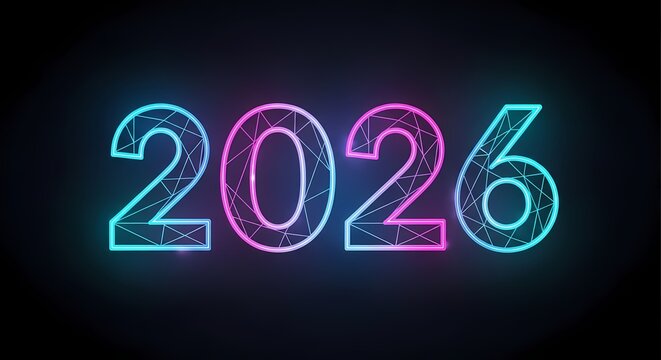 The year 2026 rendered in a futuristic, glowing neon style with a low-poly wireframe effect.