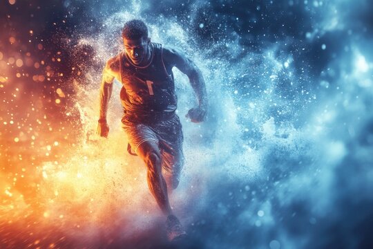 Dynamic basketball player sprinting through vibrant colored smoke at a dramatic atmosphere