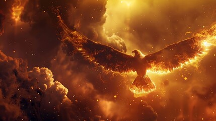Majestic golden eagle soars through a fiery sky, symbolic of freedom and rebirth