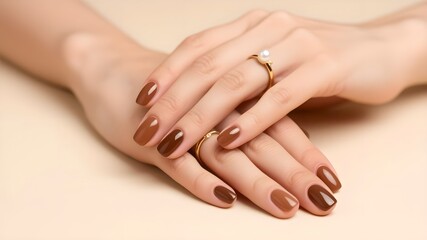 Fototapeta premium Hands with brown elegant polish, gold ring