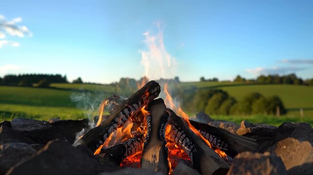 A campfire with flames and smoke rises from the campfire amid logs, with flames seen in the countryside. The campfire burns brightly, surrounded by a tranquil field.