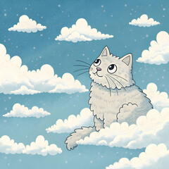 A whimsical floating cat formed from fluffy clouds, blending fantasy