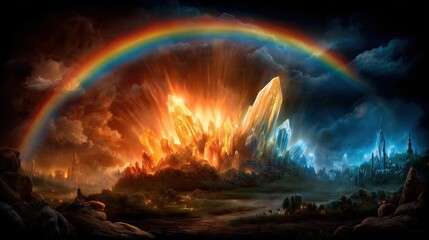 Vivid Colorful Landscape with Crystal Mountains and Bright Rainbow