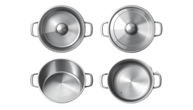  Modern kitchen cookware duo: cooking pot with lid and saucepan, isolated on transparent background
