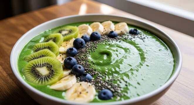 Green smoothie bowl with fresh fruits, kiwi, banana and blueberries