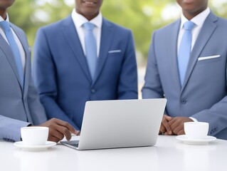 Group of three African American men in formal suits collaborating over a laptop at a table with coffee cups, showcasing teamwork and professional engagement in a modern setting