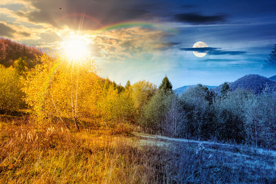 mountain landscape with forest on autumn equinox. day and night time change concept. nature park with birch trees in colorful foliage with sun and moon at twilight. horizontal astrology background