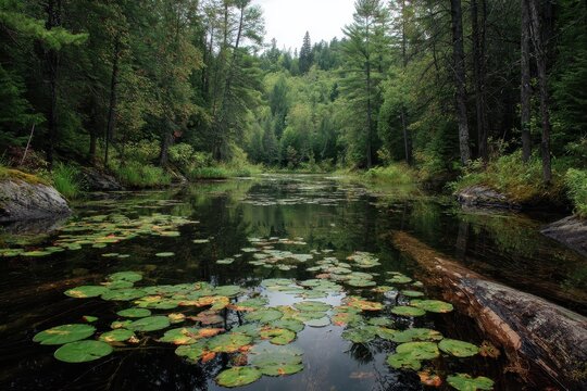 Tranquil Mabel Lake in the Northwoods of Wisconsin: A Scenic View of Pine Forests and Lily Pads