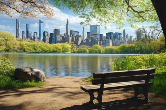 Central Park offers stunning views of the New York City skyline on a sunny day - Powered by Adobe