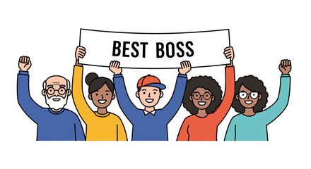 Group of diverse people celebrating with "Best Boss" sign  