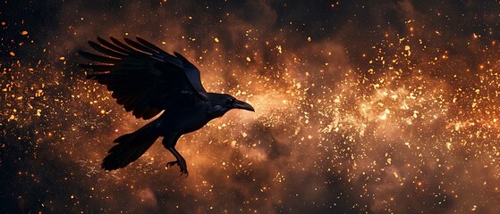 Raven's flight through golden firestorm, a symbol of transformation and rebirth