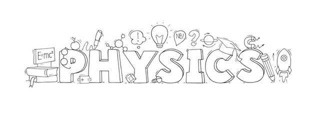 Science background with word Physics, lab and science objects. Concept of school education, experiments, research with doodle magnet, laboratory equipment, books, vector hand drawn illustration