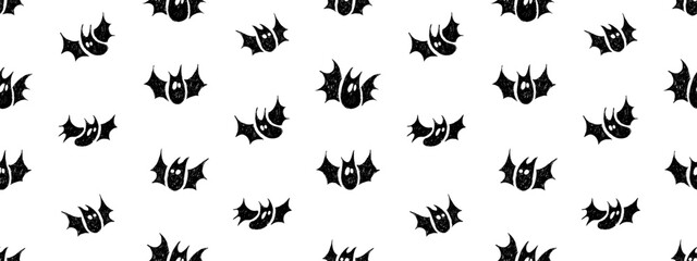 Halloween background with black silhouettes of bat. Cute crayon elements for autumn holiday decor. Doodle Halloween icons with charcoal texture, vector illustration