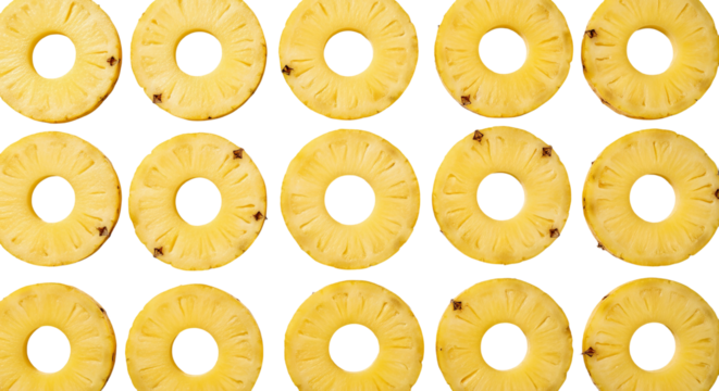 Pineapple slices are arranged in neat rows, featuring a golden yellow hue with a circular cutout, set against a background.