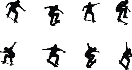 Skateboarder silhouettes performing tricks, skateboarding vector illustration, extreme sport design, urban lifestyle artwork, dynamic movement action poses graphic