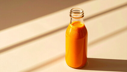 Glass bottle of delicious smoothie with carrot and orange. Tasty and healthy beverage. Detox drink