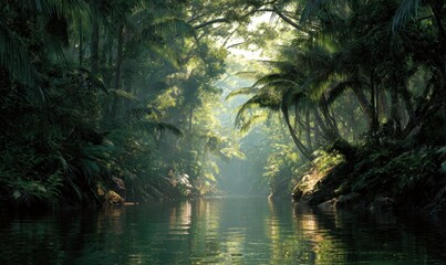 Obraz premium Lush Tropical Jungle with Calm Waterway and Sunlit Foliage