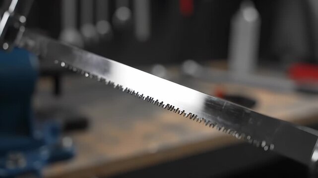 A metal saw blade is positioned in a workshop while the saw blade reflects light. The saw blade has sharp teeth as the saw blade is prepared for cutting tasks.