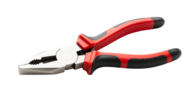 Pliers lie horizontally showing metal jaws and red and handles against a isolated background.