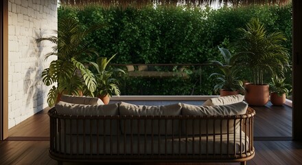 Fototapeta premium tropical outdoor lounge area rattan sofa green plants
