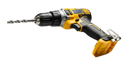 Power drill showcases its yellow and design, fitted with a drill bit against a stark .