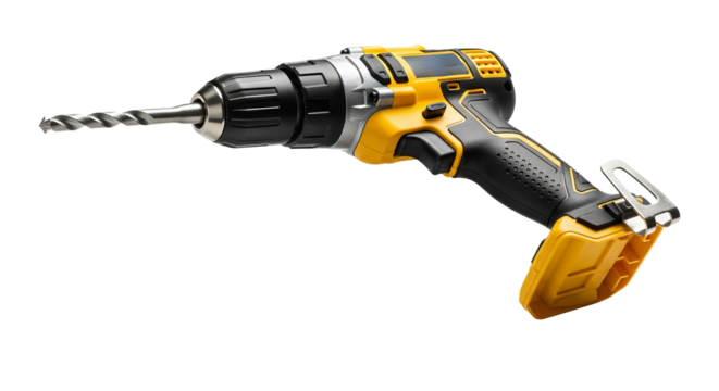 Power drill showcases its yellow and design, fitted with a drill bit against a stark .