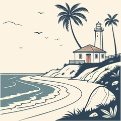 Vintage Illustration of a Lighthouse on a Tropical Beach with Palm Trees