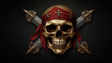 Golden skull with red bandana, crossed swords
