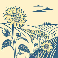Vintage Sunflower Field in a Rustic Landscape Illustration