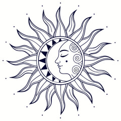 Mystical Celestial Sun with a Sleeping Crescent Moon Face