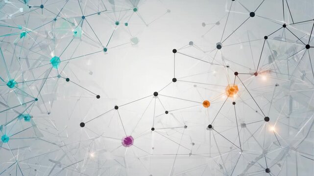 abstract technology network background, white and light grey gradient, geometric polygon mesh, connected lines and colorful nodes, futuristic digital pattern