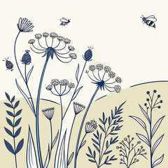 Hand-drawn illustration of bees and wildflowers in a summer meadow