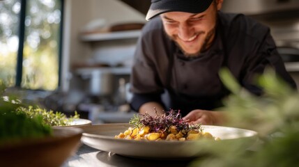 Chef in a kitchen, wearing a black chef's hat and a black apron. he is smiling and appears to be enjoying his meal.