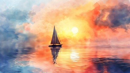 Watercolor sailboat cruising at sunset, reflecting on calm water surface in a peaceful atmosphere
