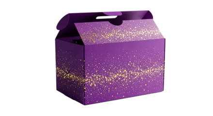 Purple cardboard box with gold splatter is partially open on a plain background.