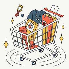 Colorful line art illustration of a shopping cart full of purchases