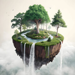 A magical floating island cake adorned with waterfalls and trees