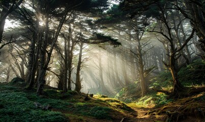 Obraz premium Sunlight Streaming Through Trees in Mystical Forest Landscape