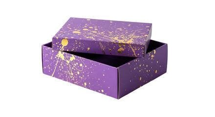 Obraz premium Purple gift box with golden splatter pattern sits partially open against a isolated background.