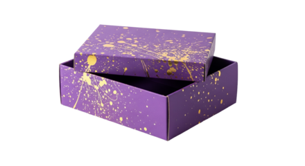Purple gift box with golden splatter pattern sits partially open against a isolated background.