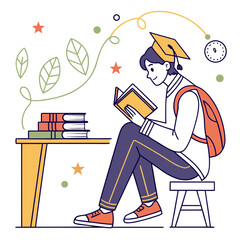 A young student in a graduation cap focused on learning from a book