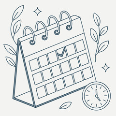 Line art drawing of a calendar and clock for scheduling and time management
