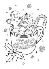 A cute Christmas mug with chocolate, marshmallows, whipped cream, gingerbread, and a candy cane and holly. Vector coloring page.